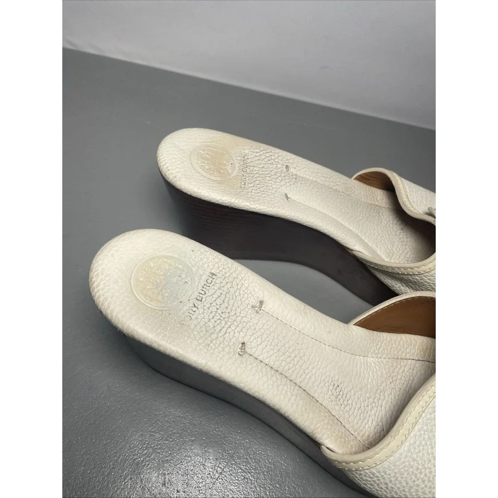 Tory Burch Women's White Leather Slide Wedge Sandals Gold Logo Slip-On US 10.5M
